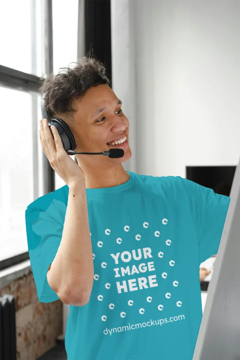 Man Wearing Teal T-shirt Mockup Front View Template