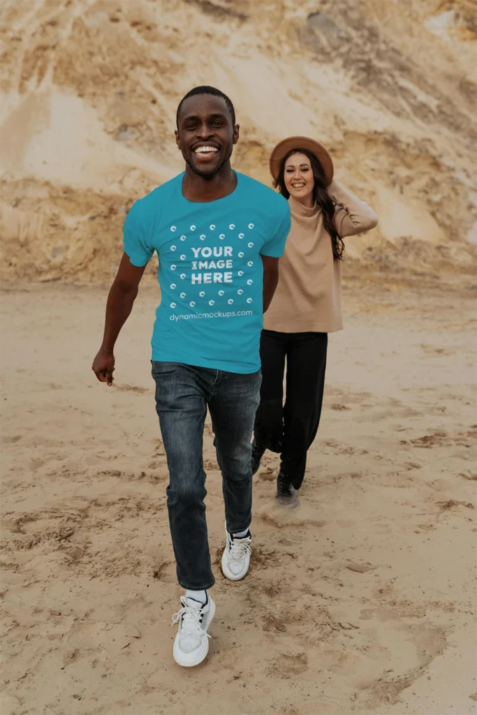 Man Wearing Teal T-shirt Mockup Front View Template