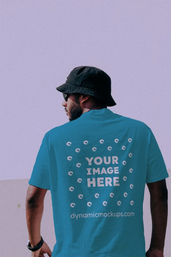 Man Wearing Teal T-shirt Mockup Back View Template