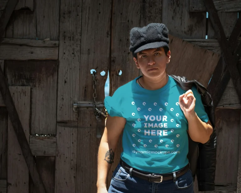 Man Wearing Teal T-shirt Mockup Front View Template