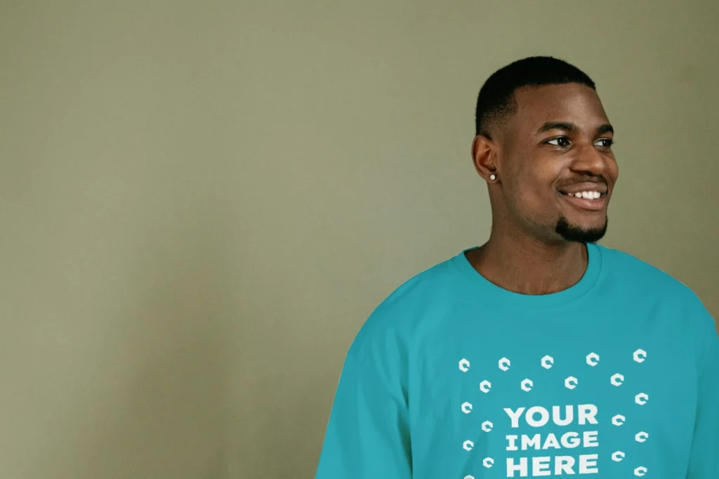 Man Wearing Teal T-shirt Mockup Front View Template