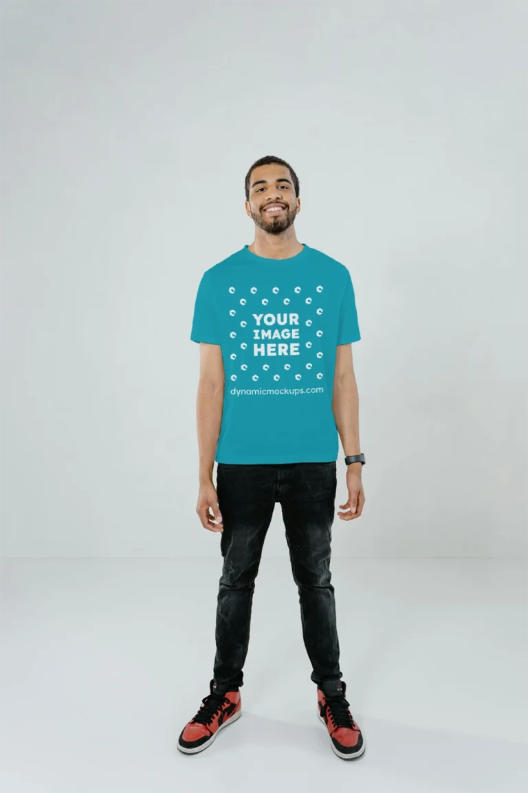 Man Wearing Teal T-shirt Mockup Front View Template