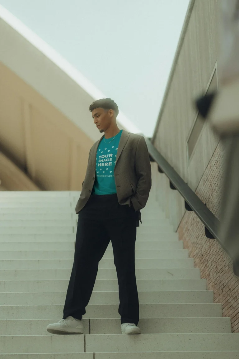 Man Wearing Teal T-shirt Mockup Front View Template