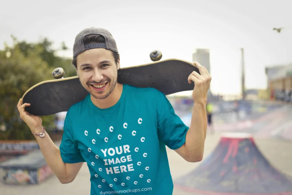 Man Wearing Teal T-shirt Mockup Front View Template