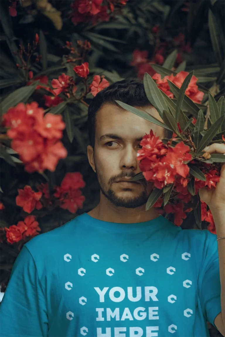 Man Wearing Teal T-shirt Mockup Front View Template