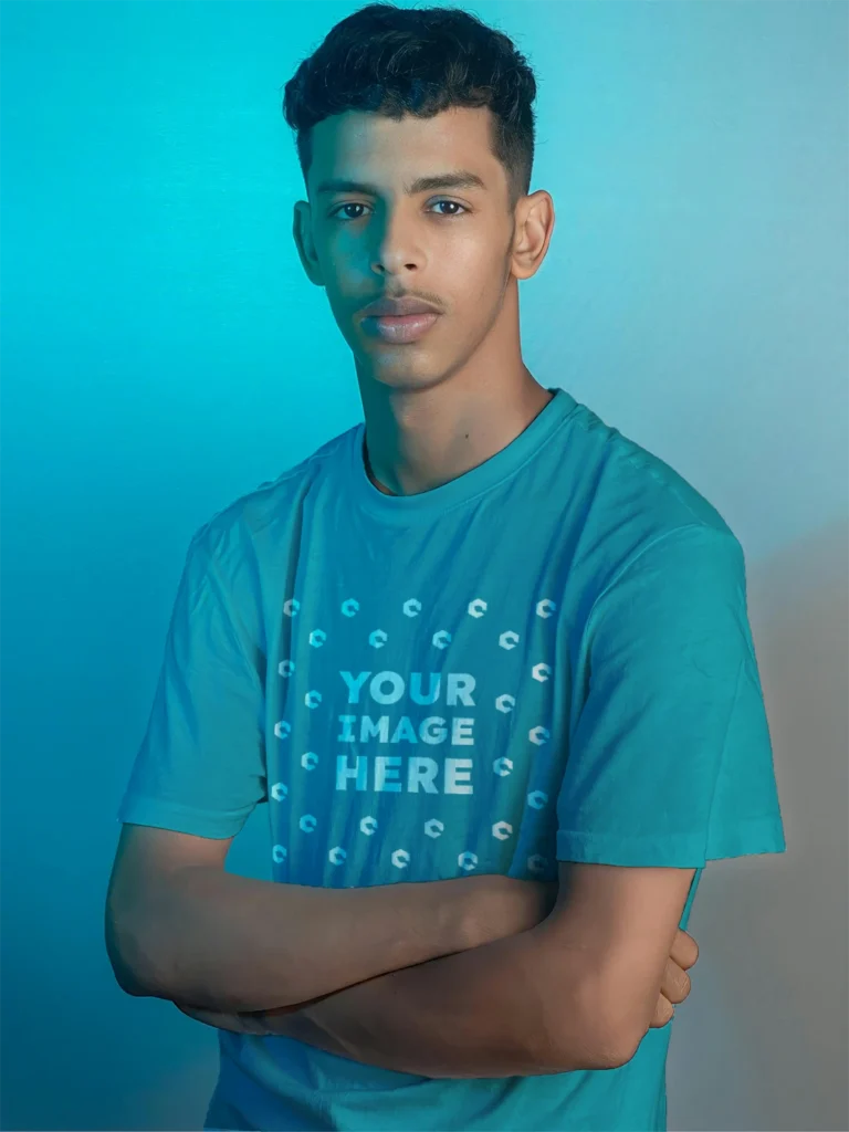 Man Wearing Teal T-shirt Mockup Front View Template