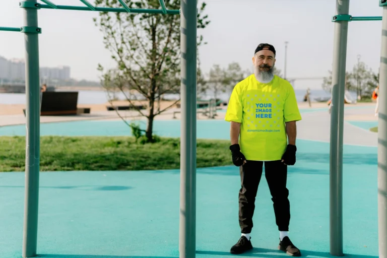 Man Wearing Yellow T-shirt Mockup Front View Template