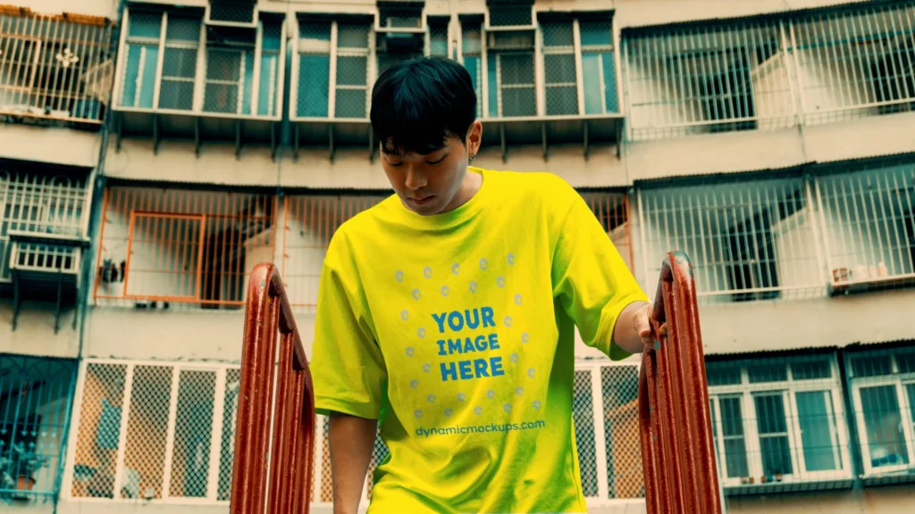 Man Wearing Yellow T-shirt Mockup Front View Template