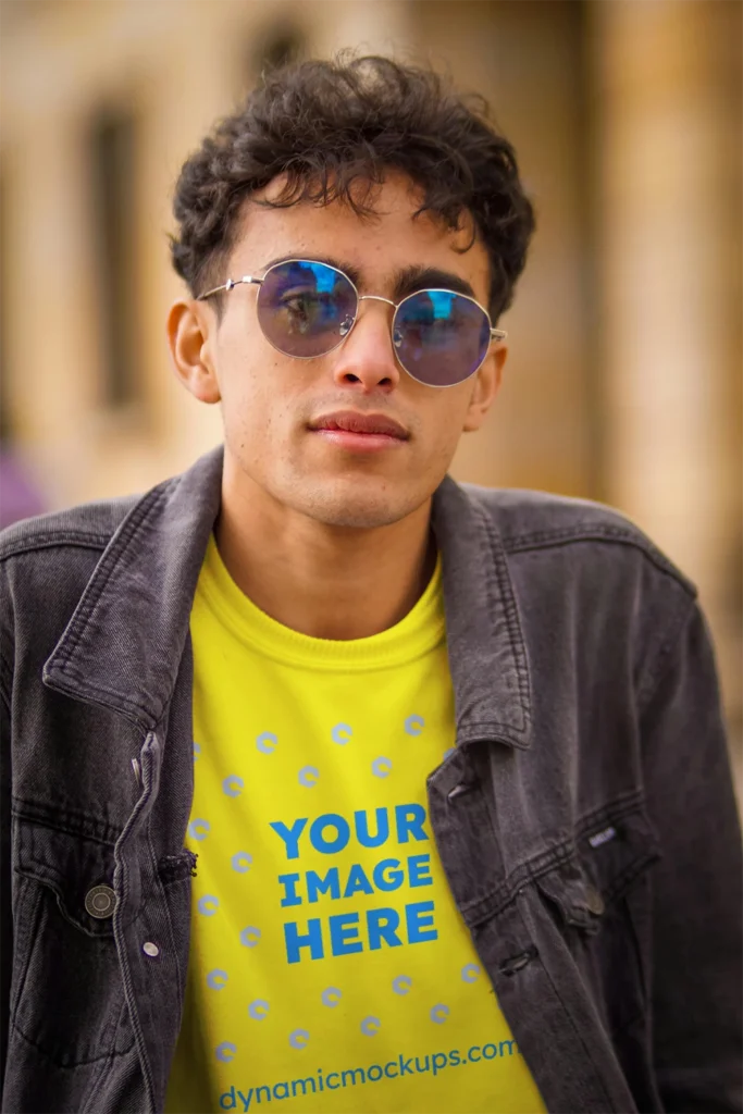 Man Wearing Yellow T-shirt Mockup Front View Template