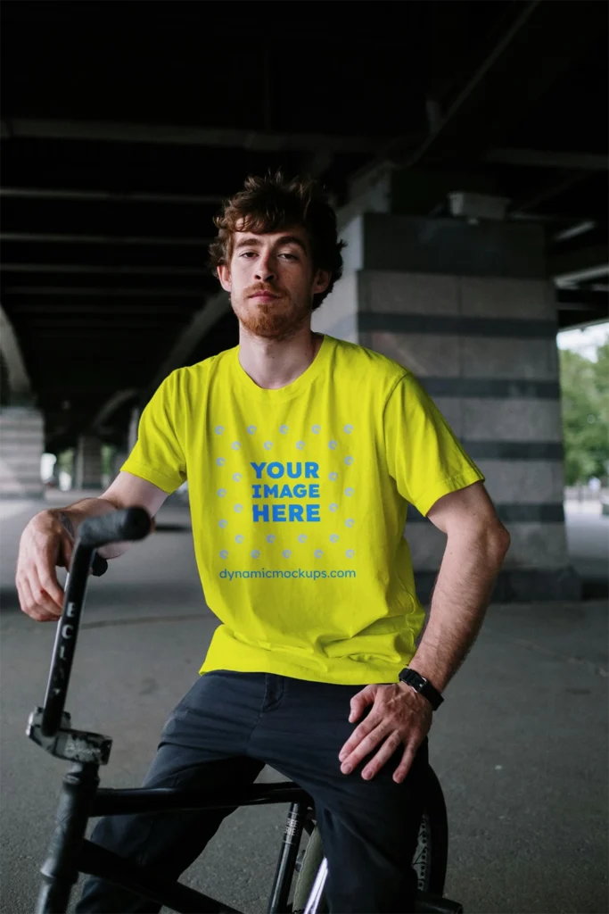 Man Wearing Yellow T-shirt Mockup Front View Template