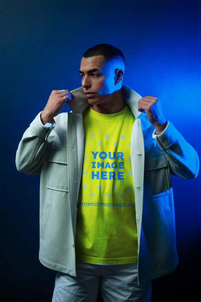 Man Wearing Yellow T-shirt Mockup Front View Template