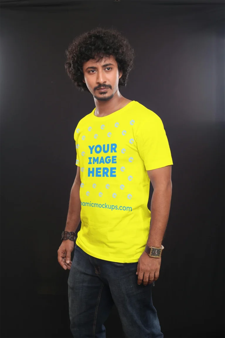 Man Wearing Yellow T-shirt Mockup Front View Template