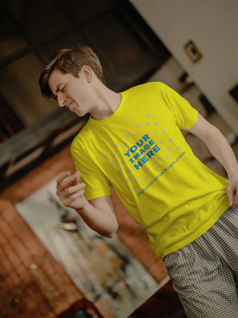 Man Wearing Yellow T-shirt Mockup Front View Template