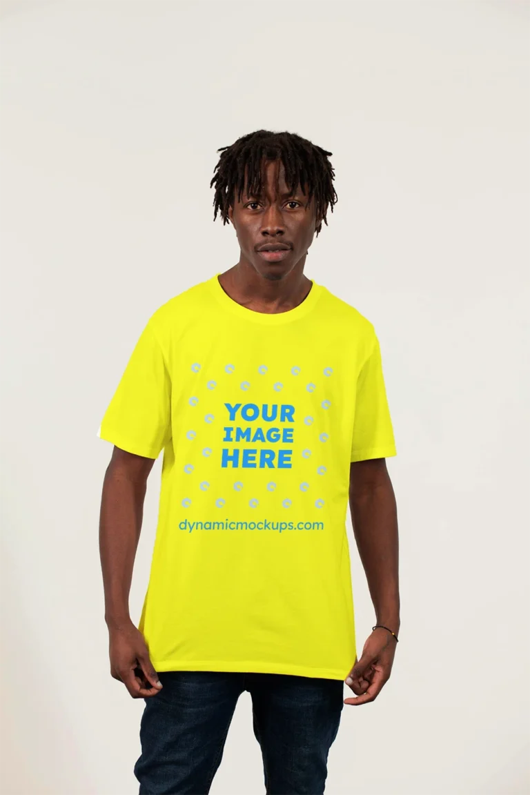 Man Wearing Yellow T-shirt Mockup Front View Template