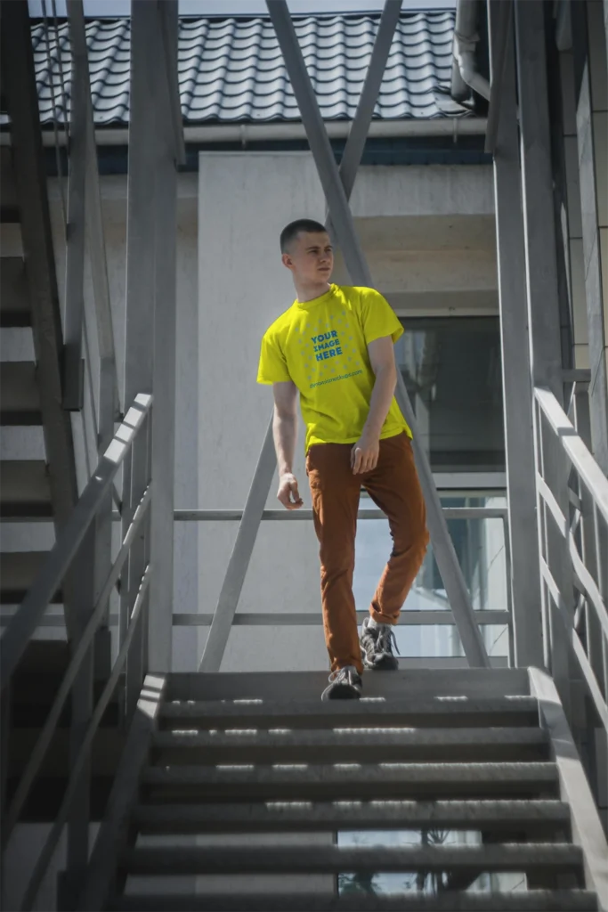 Man Wearing Yellow T-shirt Mockup Front View Template