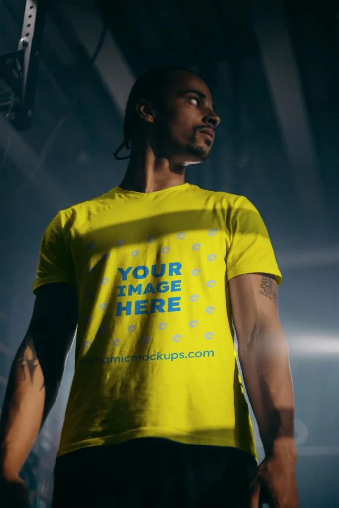 Man Wearing Yellow T-shirt Mockup Front View Template