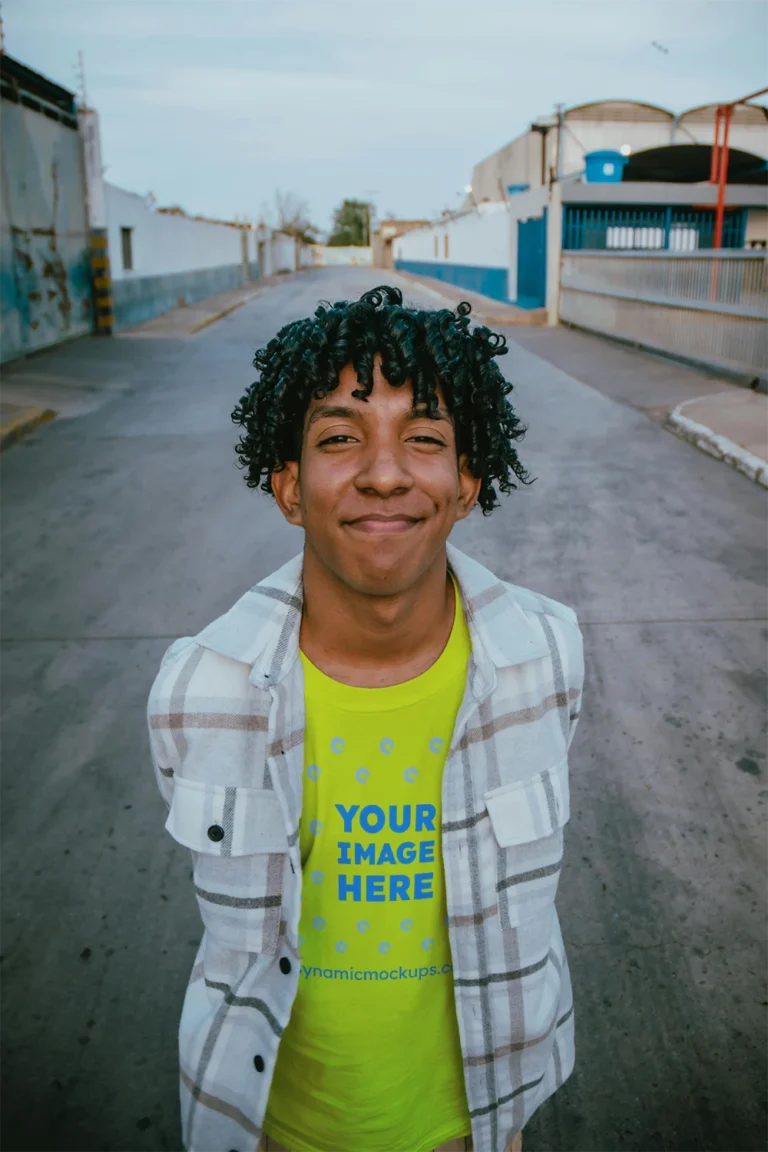 Man Wearing Yellow T-shirt Mockup Front View Template