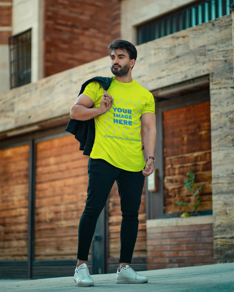 Man Wearing Yellow T-shirt Mockup Front View Template