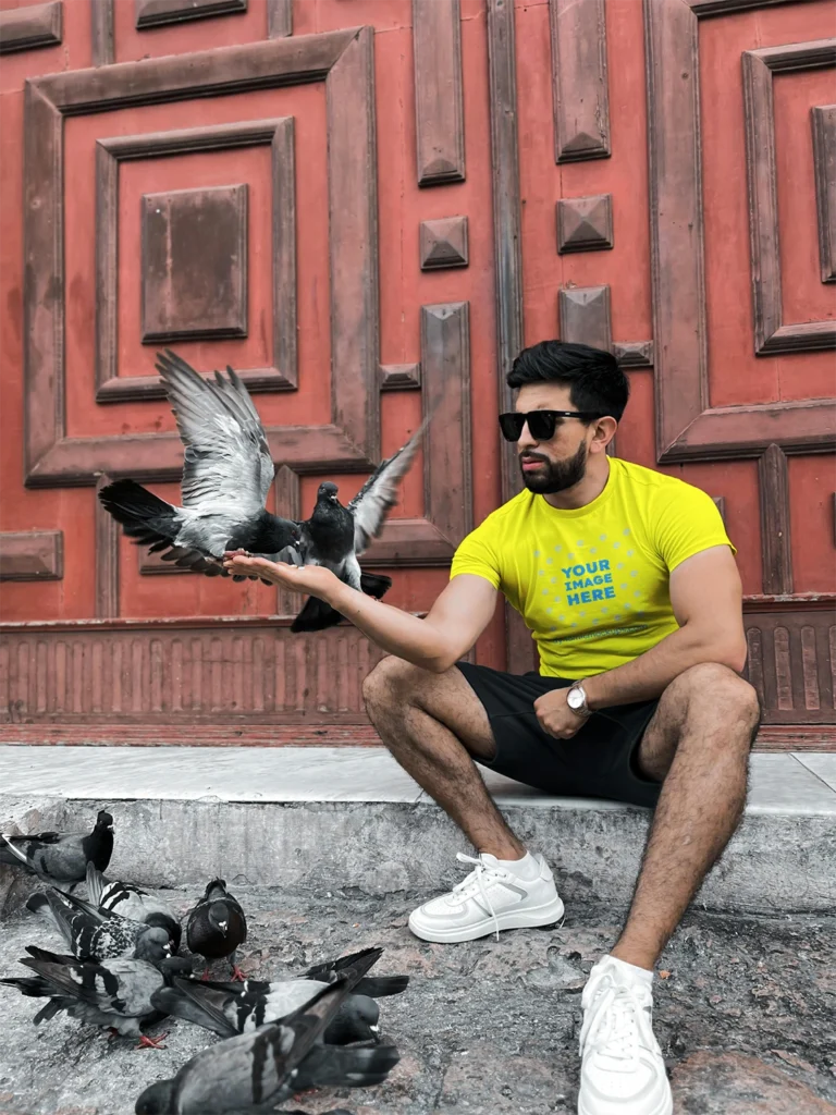 Man Wearing Yellow T-shirt Mockup Front View Template