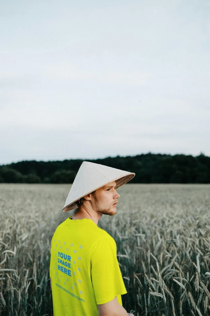 Man Wearing Yellow T-shirt Mockup Front View Template