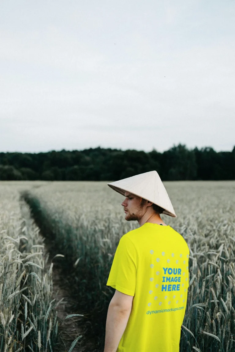 Man Wearing Yellow T-shirt Mockup Front View Template