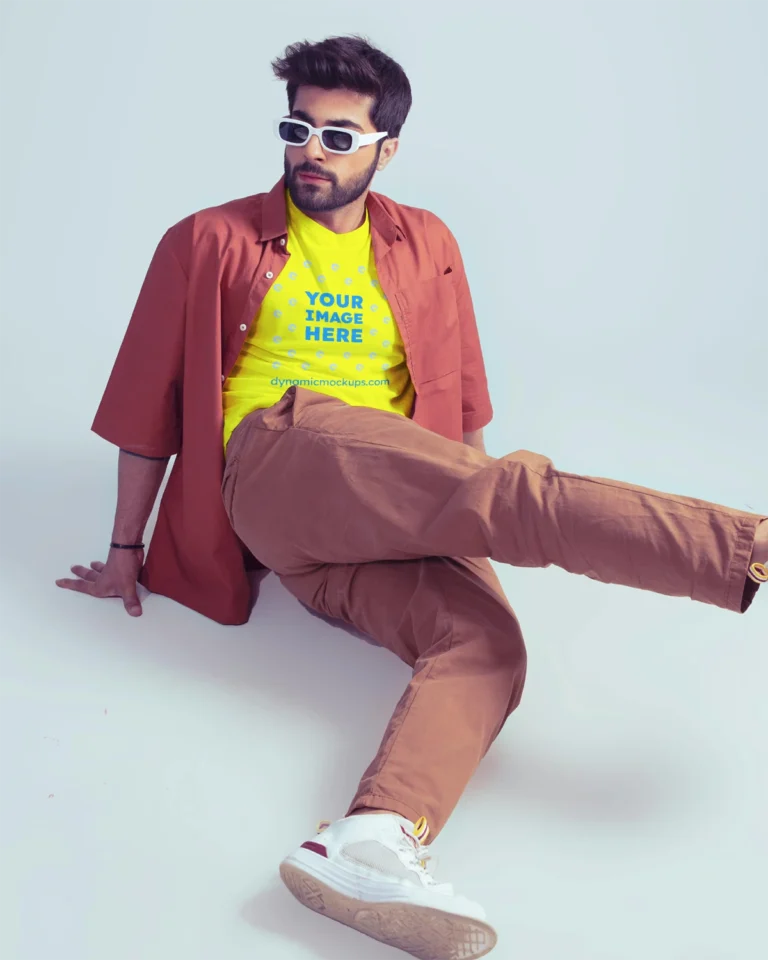 Man Wearing Yellow T-shirt Mockup Front View Template