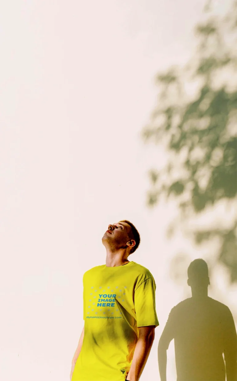 Man Wearing Yellow T-shirt Mockup Front View Template