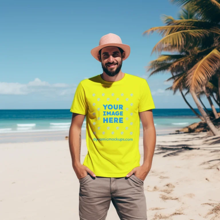 Man Wearing Yellow T-shirt Mockup Front View Template