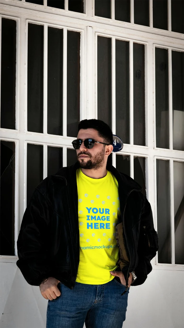 Man Wearing Yellow T-shirt Mockup Front View Template