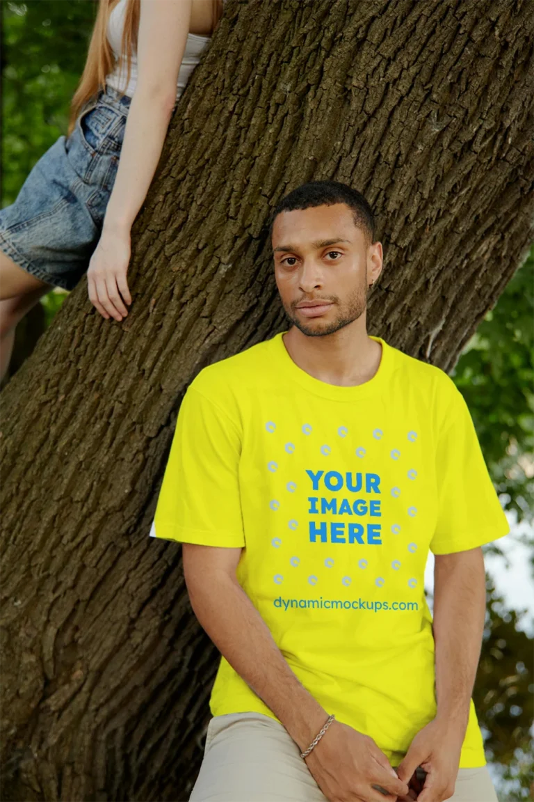 Man Wearing Yellow T-shirt Mockup Front View Template