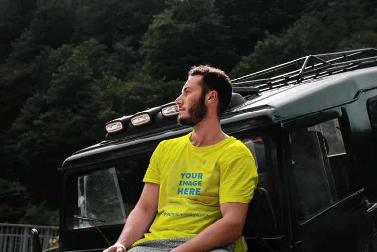 Man Wearing Yellow T-shirt Mockup Front View Template