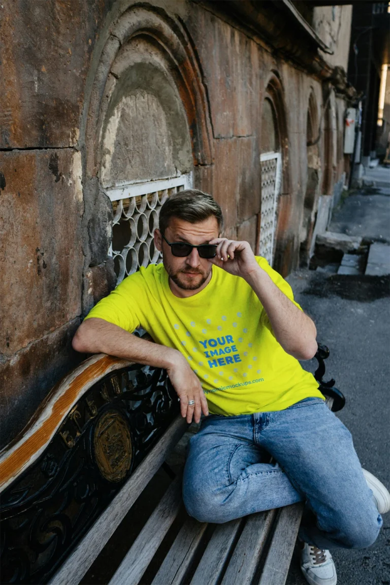 Man Wearing Yellow T-shirt Mockup Front View Template