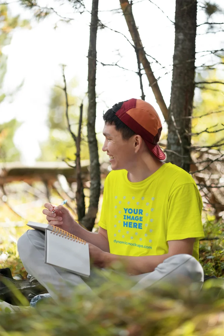 Man Wearing Yellow T-shirt Mockup Front View Template