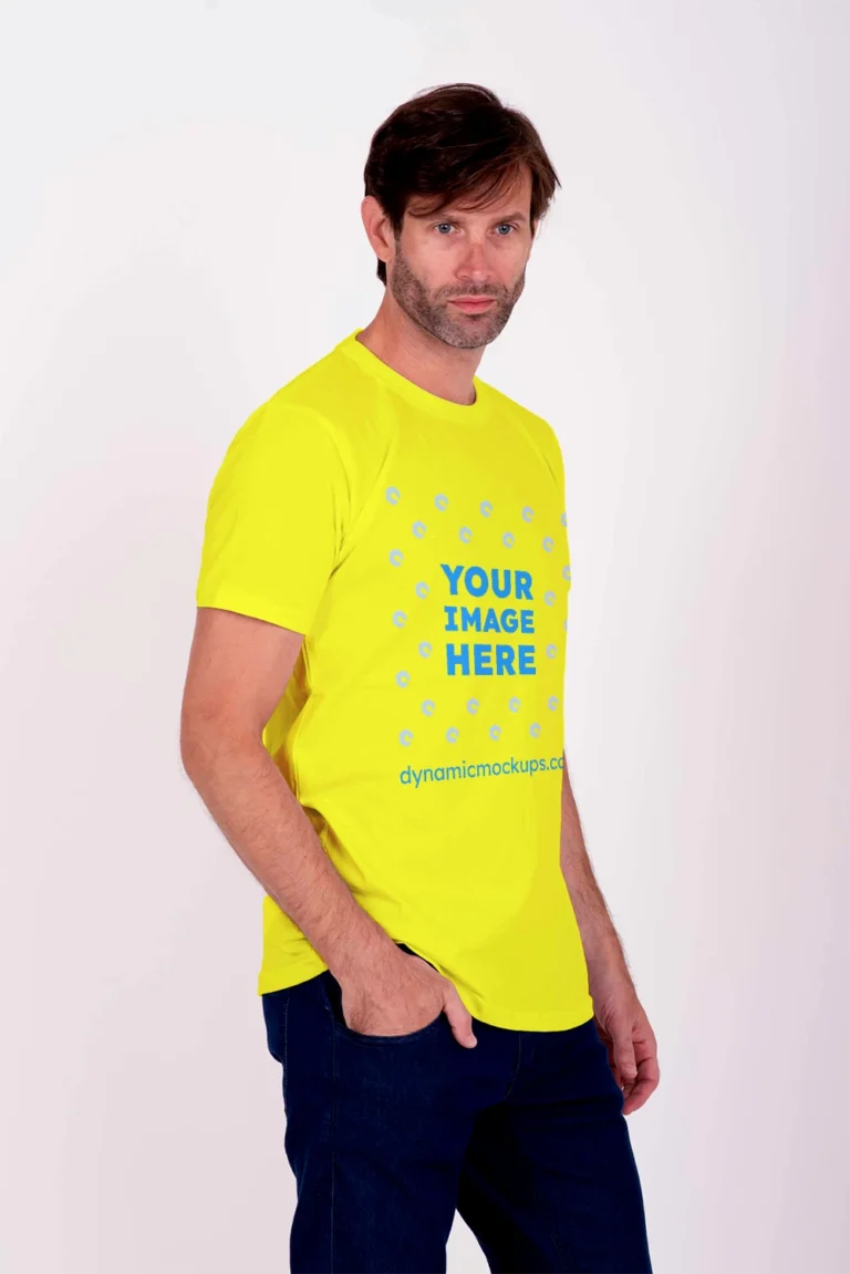 Man Wearing Yellow T-shirt Mockup Side View Template