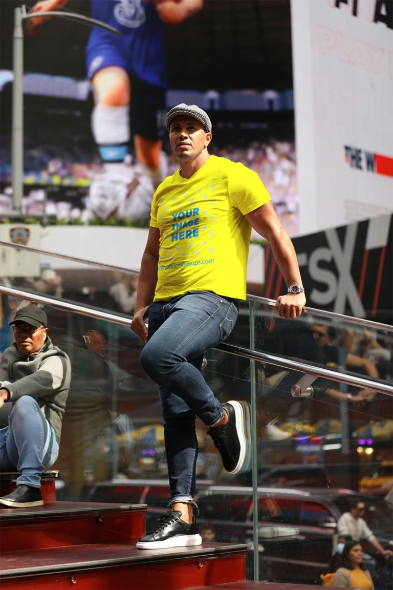 Man Wearing Yellow T-shirt Mockup Front View Template