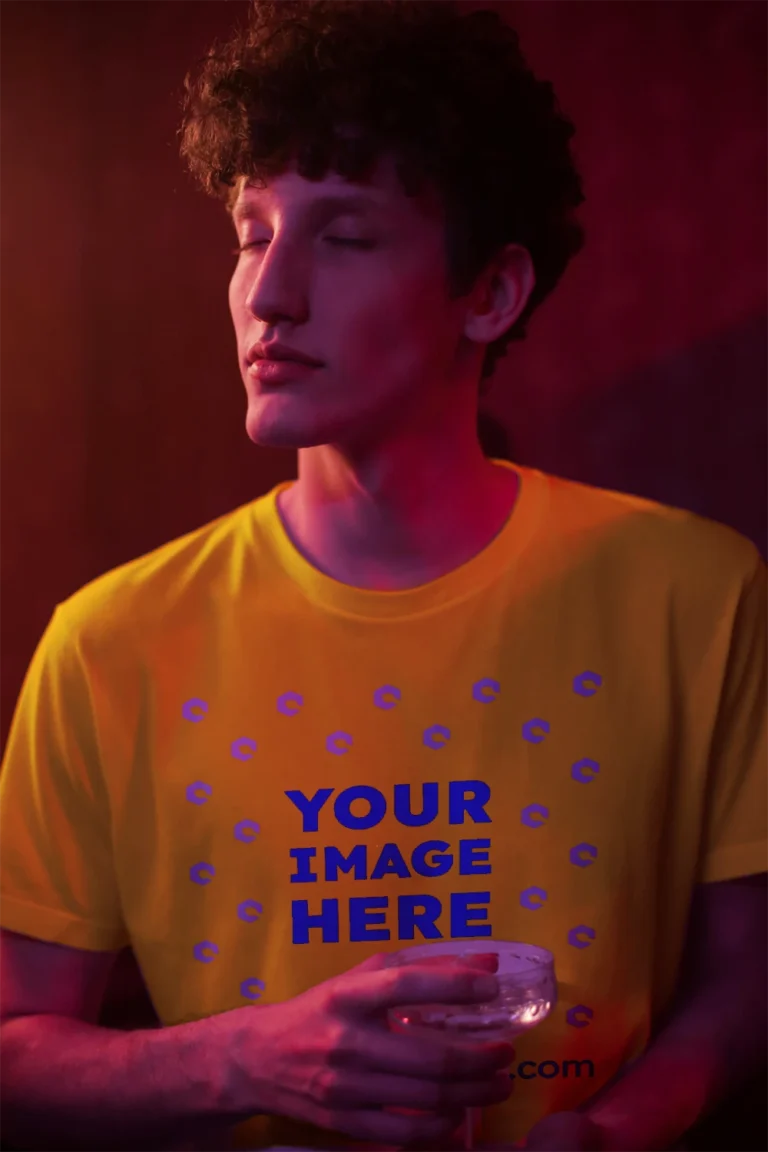 Man Wearing Yellow T-shirt Mockup Front View Template