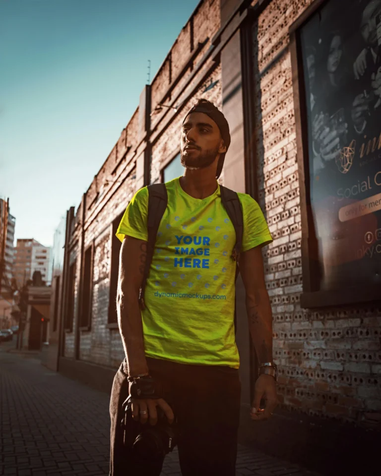 Man Wearing Yellow T-shirt Mockup Front View Template