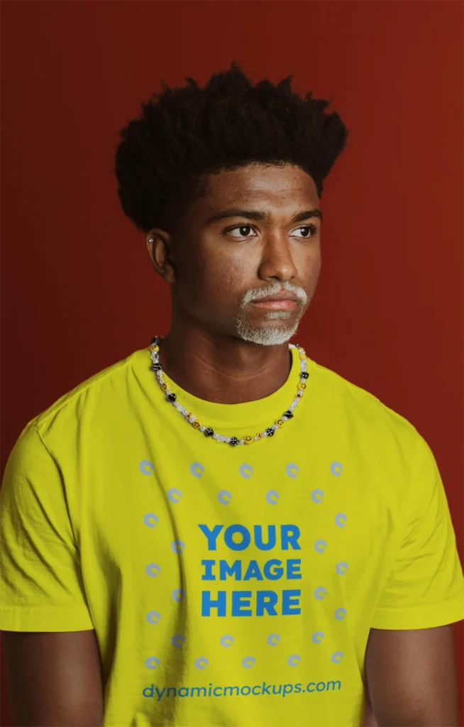 Man Wearing Yellow T-shirt Mockup Front View Template