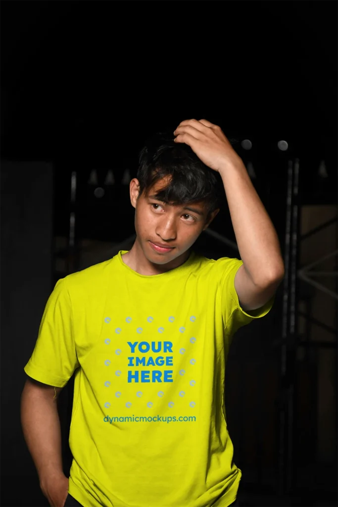 Man Wearing Yellow T-shirt Mockup Front View Template