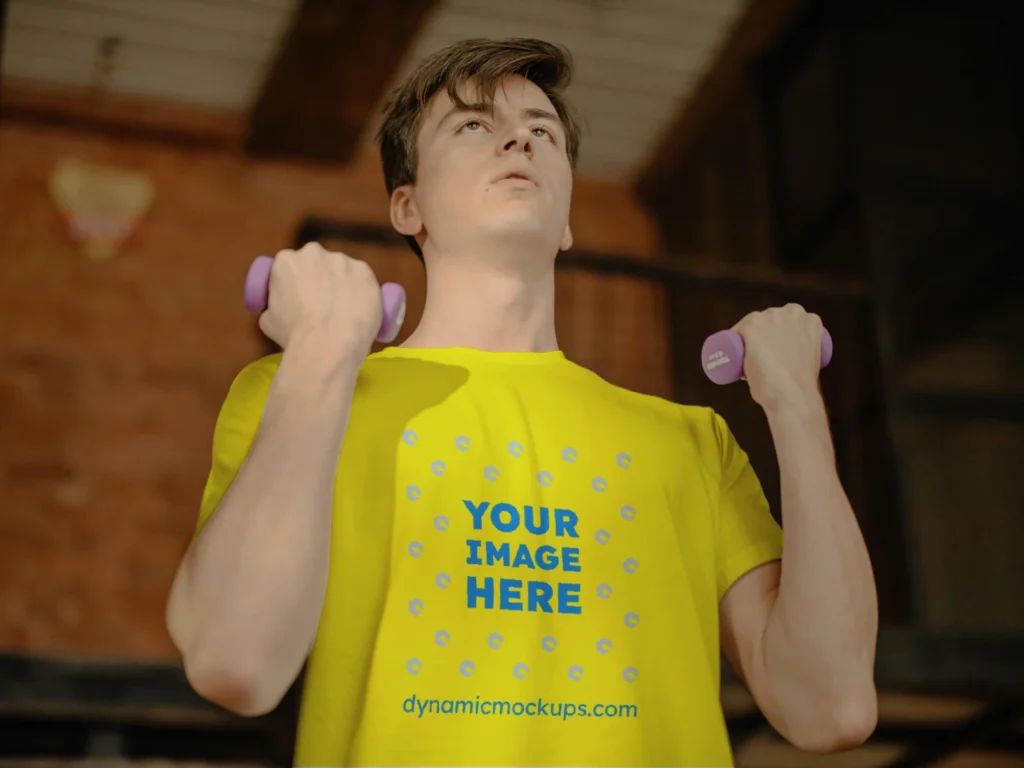 Man Wearing Yellow T-shirt Mockup Front View Template