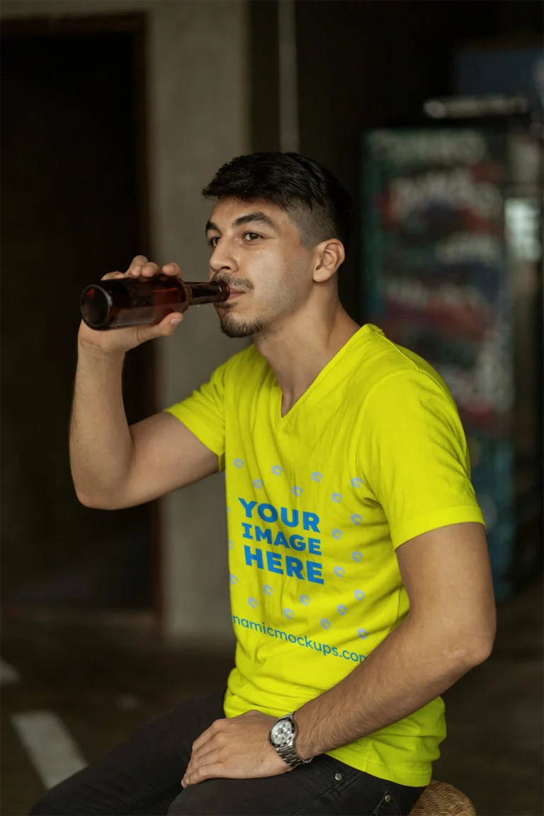 Man Wearing Yellow T-shirt Mockup Side View Template