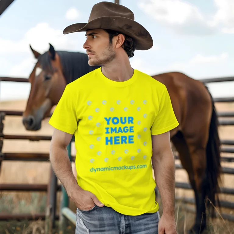 Man Wearing Yellow T-shirt Mockup Front View Template