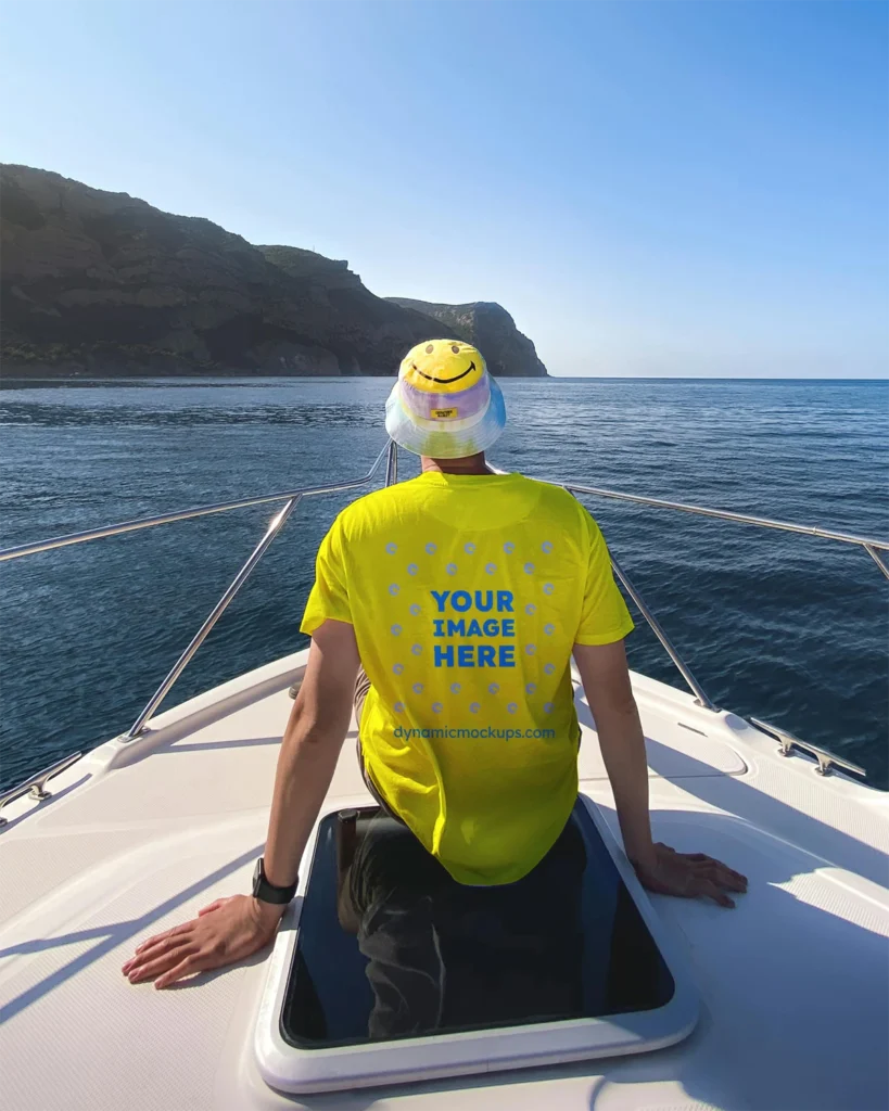 Man Wearing Yellow T-shirt Mockup Back View Template