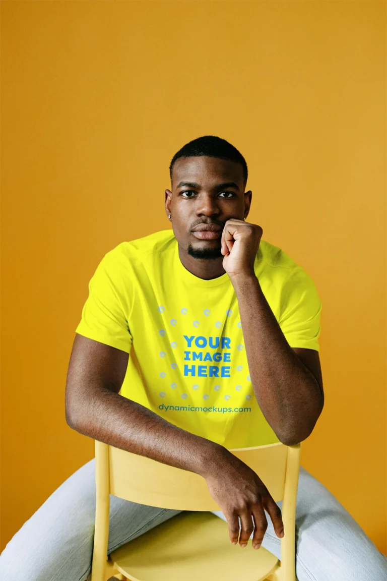 Man Wearing Yellow T-shirt Mockup Front View Template