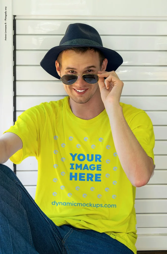 Man Wearing Yellow T-shirt Mockup Front View Template