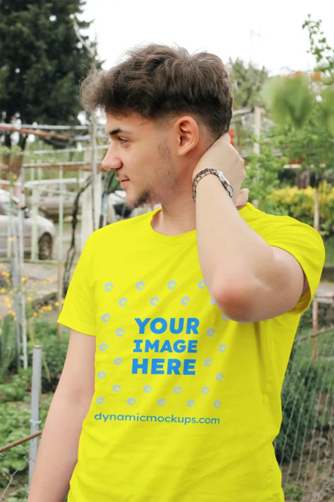 Man Wearing Yellow T-shirt Mockup Front View Template