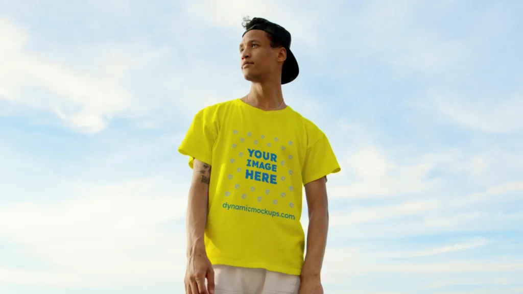 Man Wearing Yellow T-shirt Mockup Front View Template