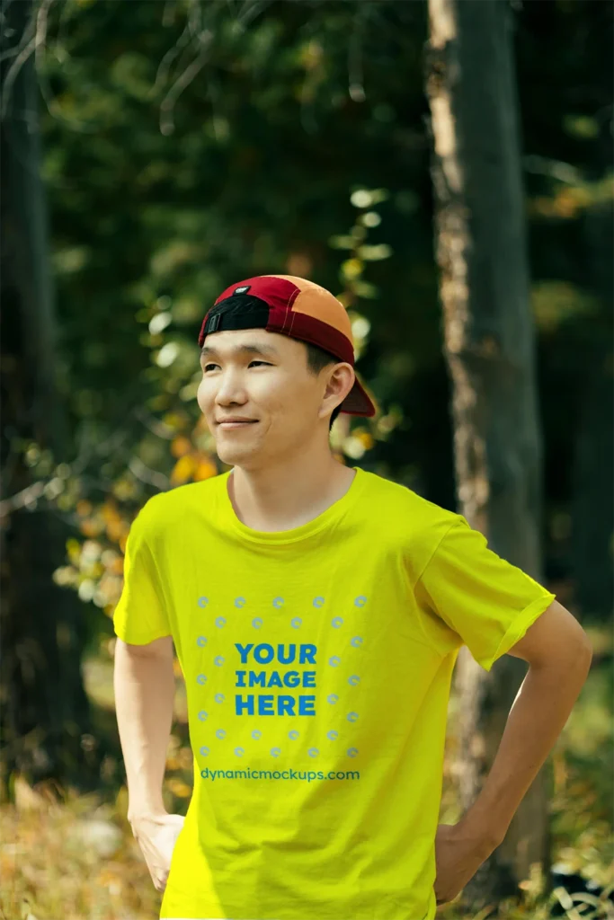 Man Wearing Yellow T-shirt Mockup Front View Template