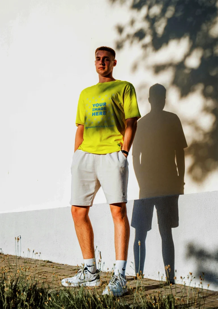 Man Wearing Yellow T-shirt Mockup Front View Template