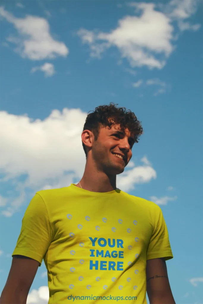 Man Wearing Yellow T-shirt Mockup Front View Template